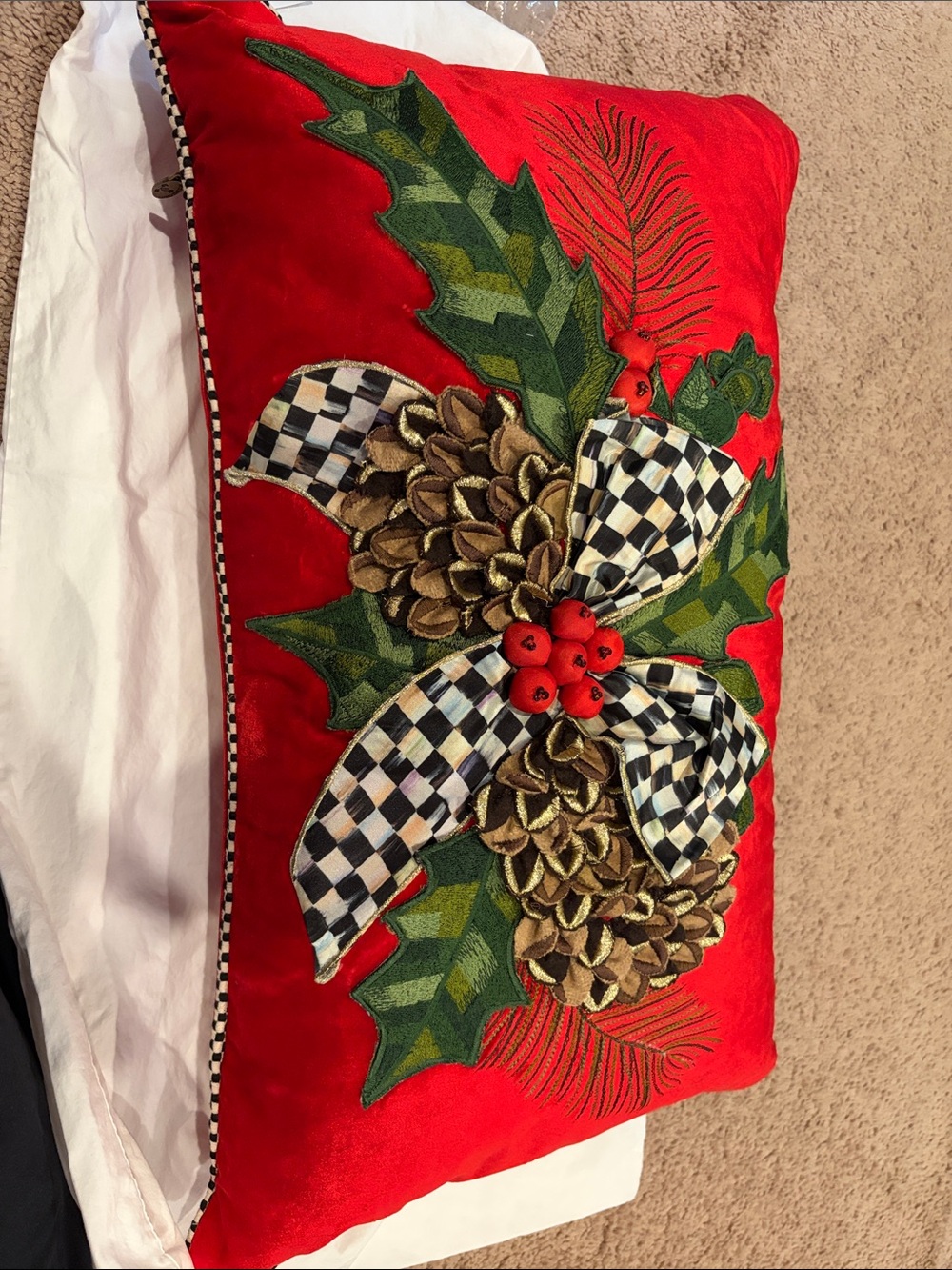 Mackenzie child Hoilday lumbar pillow Festive Red Holiday Pinecone beautiful new